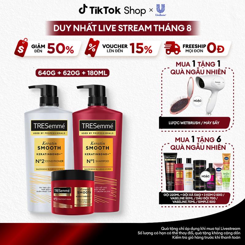 Combo Dầu Gội, Dầu Xả, Kem Ủ TRESEMME Keratin Smooth Women Cho tóc khô xơ rối Công thức Hydrolyzed Keratin Dưỡng Tóc Vào Nếp Suôn Mượt 640g, 620g, 180ml [1]