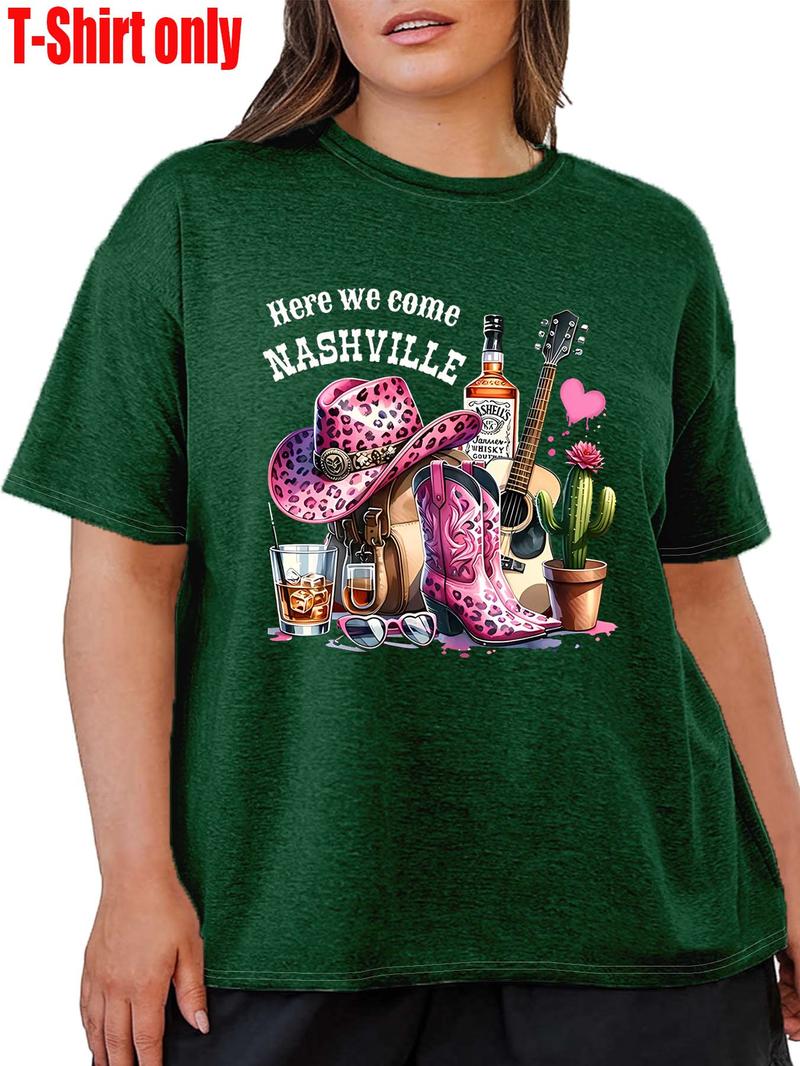 Product Introduction of 【Plus Size】 Letter & Cowboy Hat Print Round Neck Tee, Fashion Casual Crew Neck Short Sleeve T-shirt for Daily Holiday Vacation Outdoor Wear, Women Clothing for All Seasons 4