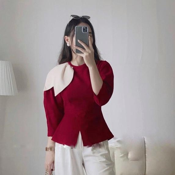 Áo cổ lá nhọn dáng peplum dài tay chất nhung tăm may 2 lớp mặc thu đông 179
