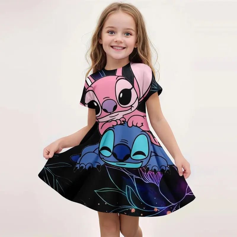 Stitch Summer Girls Skirt Short Sleeved Dress 3d Printed Cartoon Princess Cute Children's Fashion Mnso Party Trend Clothing