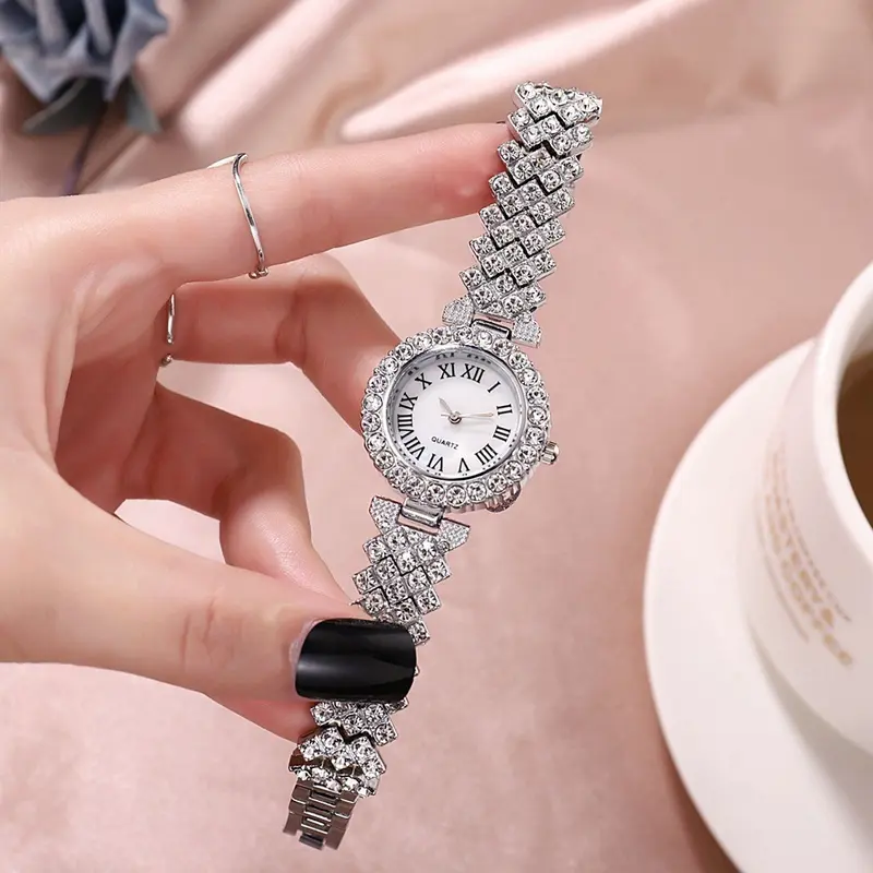 Đồng Hồ Vàng Hồng Kim Cương Giả Sang Trọng, Bộ 2 Chiếc, Đồng Hồ Đeo Tay Kim Cương Thạch Anh Thời Trang, Dành Cho Nữ, Thanh Lịch, Bộ Quà Tặng Đồng Hồ Vòng Tay Nữ 6