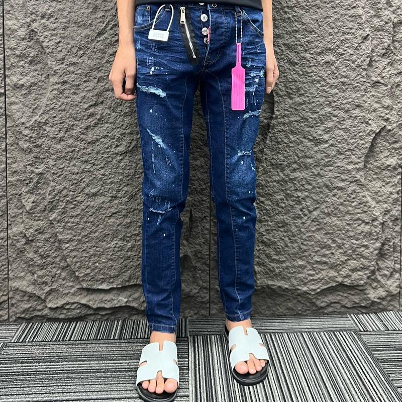 Quần jeans xanh đậm xước rách khoá lệch bo gân Hót New 3