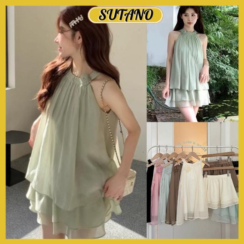 Set bộ nữ áo voan tơ cổ yếm đính hoa kèm chân váy xòe tiểu thư nữ tính B378 SUTANO