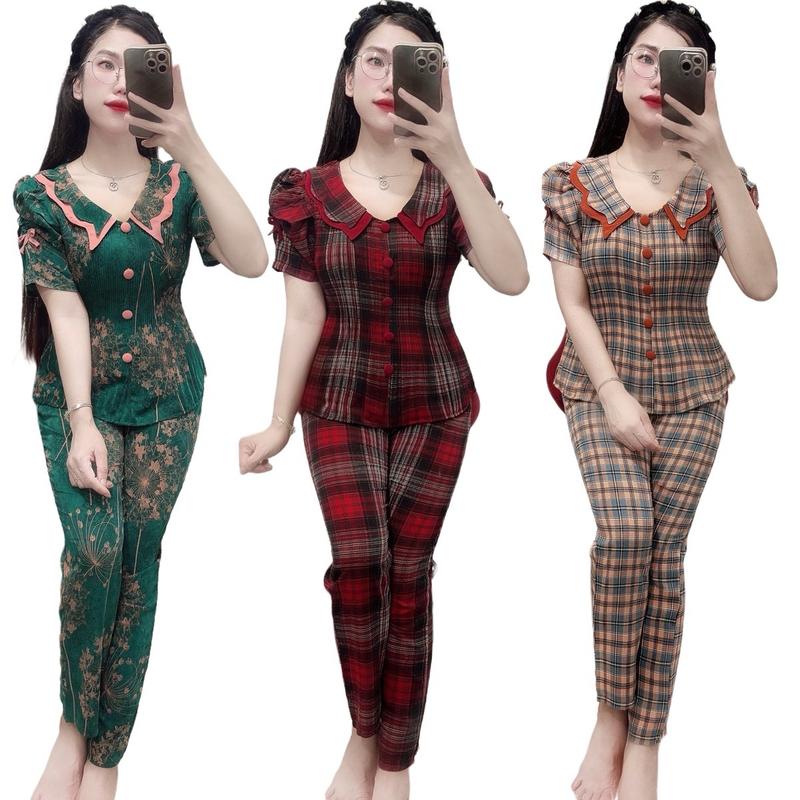 Đồ Bộ Nữ Tay Ngắn Quần Dài, Áo Dập Ly Phom Thiết Kế Sang Trọng Thích Hợp Cho Mọi Lứa Tuổi, Chất Vải Mango Mịn Mát Có Nhiều Hoạ Tiết( Women)