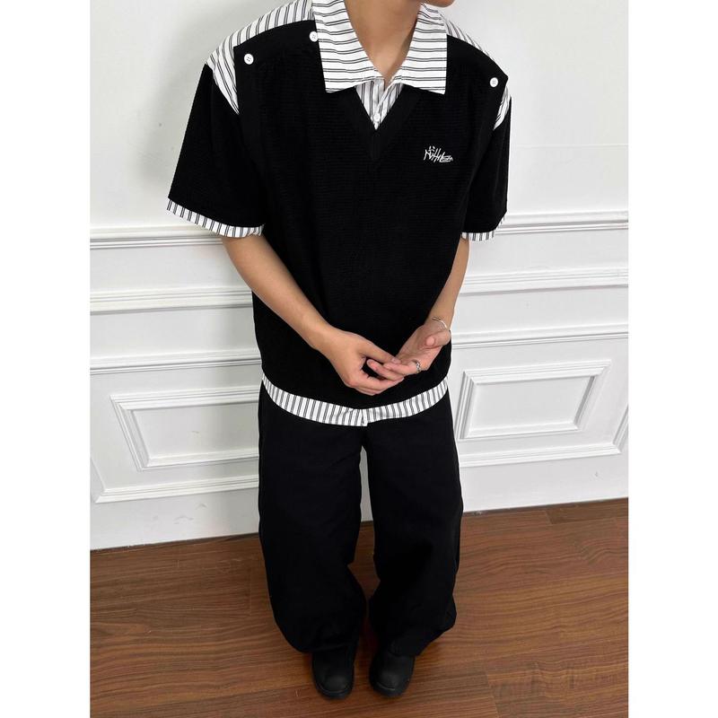 Áo Thun Cổ Polo Thêu, Thiết Kế Ghép Nối Giả Hai Mảnh, Áo ngắn Tay Dáng Rộng Rãi, Hợp Xu hướng, Dành Cho Nam Giới, Hàng Mới Về Mùa Hè 2025 2