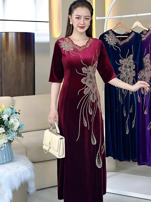 Đầm Trung Niên Dạ Hội N552 Vải Nhung Ép Đá dưới 75kg Ôm gọn Nữ Women Dress Tua Rua Đỏ