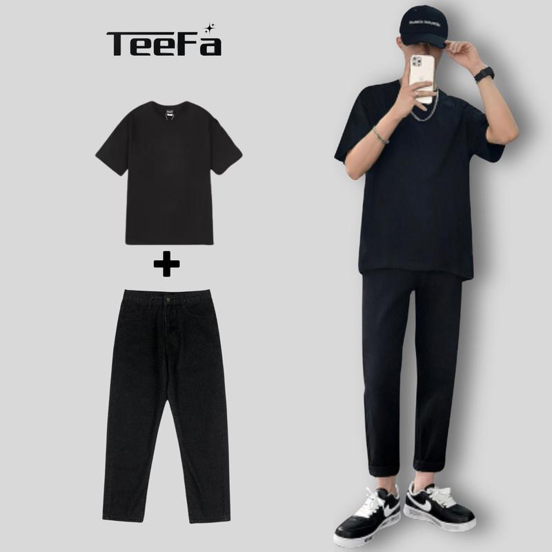 Combo Quần Jean Baggy Đen+Áo Thun Trơn, Outfit dành cho mùa hè năng động cá tính phong cách-hot trend 2023 Nam Menswear Có Túi Pants