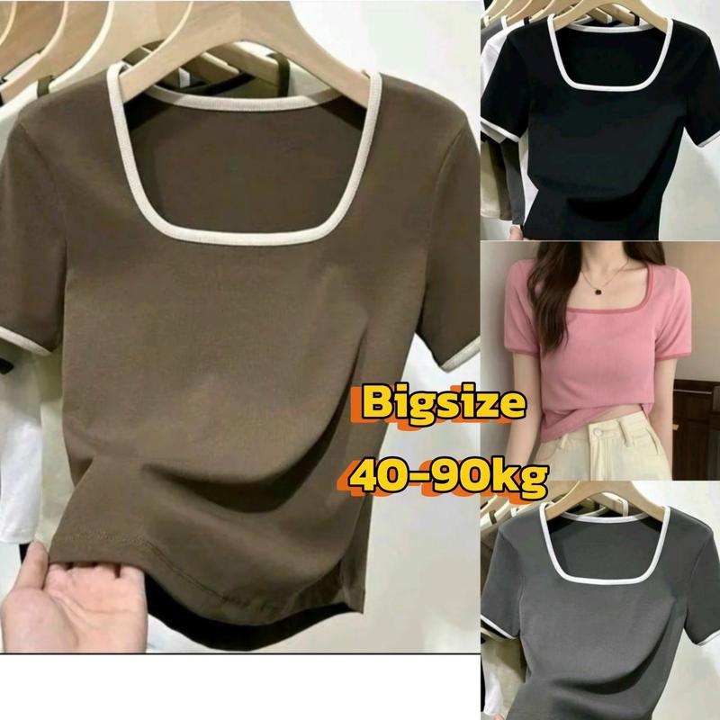 Áo Thun Nữ Cổ U Viền MS069 Áo Tay Ngắn Chất Thun Gân Co Giãn Cổ Vuông Áo Thời Trang Bigsize 40-90kg Top Áo Women