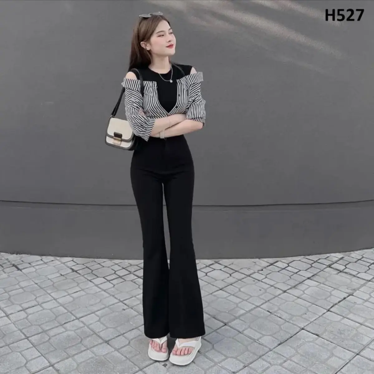 Quần loe 1 cúc dáng dài túi 2 bên siêu hack dáng(100-103cm)(mua2q tặng kẹp nhỏ)
