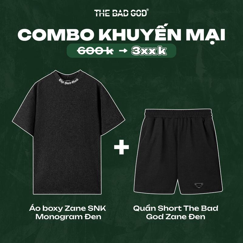 Bộ quần áo The Bad God Áo thun cổ in Zane Monogram Đen và Short Zane Monogram Đen Chất Liệu Dập Nổi