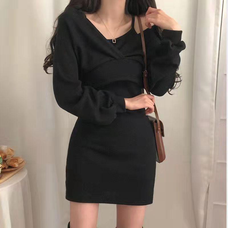 Product Introduction of 2024 Autumn and Winter New French Style Temperament Suspender Skirt + Blouse T-shirt Long Sleeve Suit Female Slim Solid Color Dress Hot Sale 31