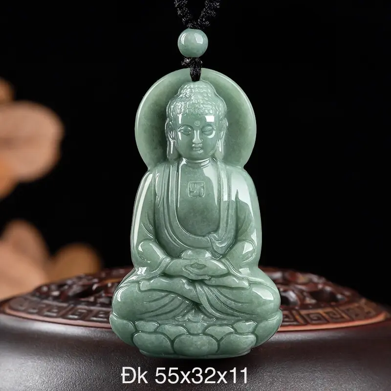 Mặt dây chuyền Phật  A DI DÀ Ngọc Cẩm thạch xanh đậu tạc tứ diện