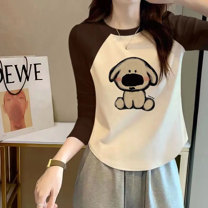 Áo Thun Dài Tay, Phong Cách Cổ Điển Chất Liệu Cotton Nguyên Chất, Thiết Kế Chắp Vá Màu Tương Phản, Dành Cho Nữ, Thích Hợp Cho Mùa Xuân Và Mùa Thu 2024, Áo Sơ Mi Phong Cách Phương Tây Ngắn, Có Thể Mặc Ngoài Trời
