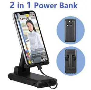 Powerbank Phone Holder 4 Kabel lightning Type C Micro USB 10000mah Putih hitam