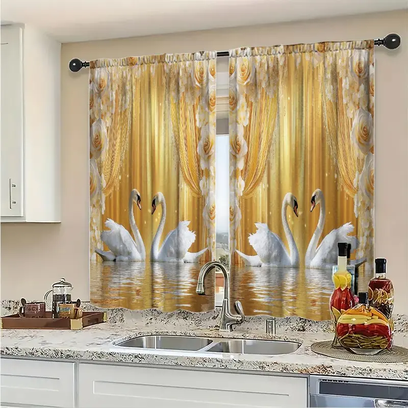 Swan Pattern Door Curtain, 1 Set Exquisite Printing Door Curtain with Tie Rope, Home Decor for Living Room Bedroom Hotel Bathroom 3