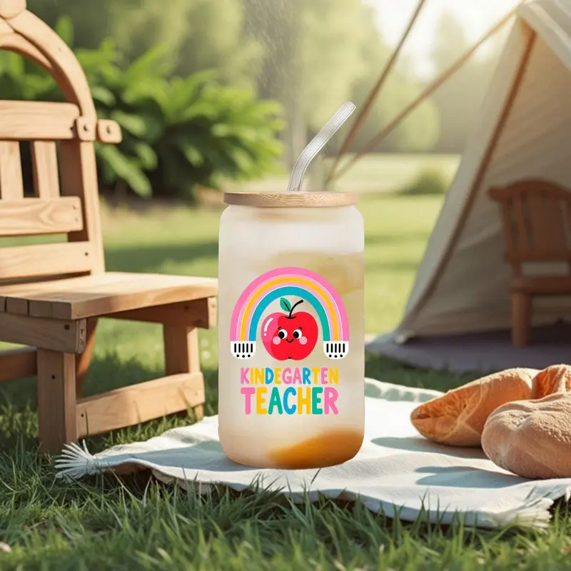 16oz Glass Cup with Straw & Brush, 1 Count Cute Cartoon Pattern Glass Cup, Drinking Cup for Home Office School, Gift for Kindergarten Teacher, Drinkware 4