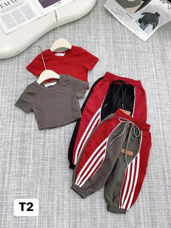 Dung Kids 05 - T2 Set Bộ 2 Màu Áo Croptop Chất Cotton Tàu Quần Ống Bo Sọc Viền Nổi Chất Thô Kaki Cho Bé Gái