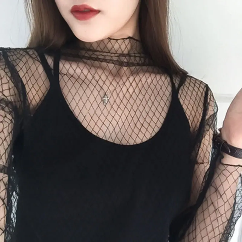 Hollow Out Mesh Top for Women, Sheer Sexy Transparent Fishnet Long Sleeve Inner Layer, Black Lace Base Shirt