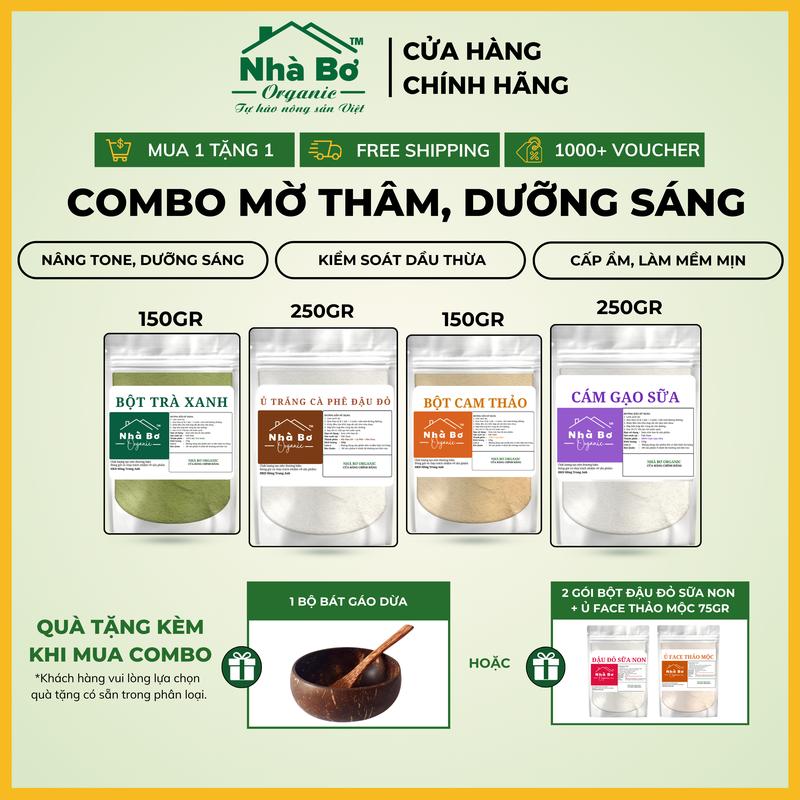 [MUA 1 TẶNG 1] - Combo 4 gói [250g Bột Cà Phê Đậu Đỏ + 150g Bột Trà Xanh + 150g Bột Cam Thảo + 250g Bột Cám Gạo Sữa] Giúp dưỡng trắng da, tẩy tế bào | Nhà Bơ Organic