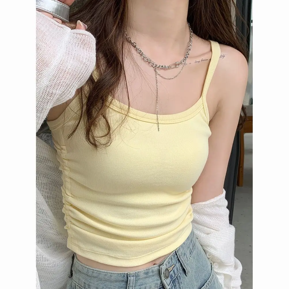 Áo Vest Hai Dây Xếp Ly, Cô Gái Nóng Bỏng Dễ Thương Và Gợi Cảm, Có Đệm Ngực, Không Tay, Bó Sát, Thích Hợp Cho Mùa Hè, Có Thể Mặc Bên Trong Hoặc Bên Ngoài, Áo Cơ Sở, Hơn 1.000 HTK, Năm 2025