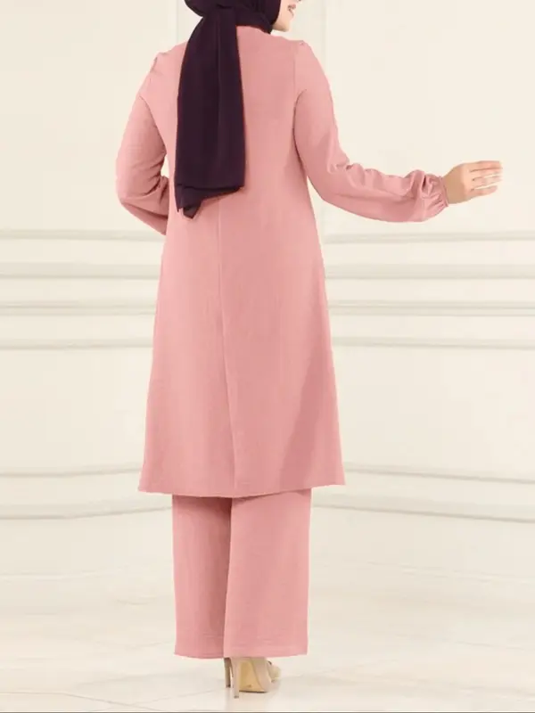 Women's Plain Contrast Sequin Bishop Sleeve Round Neck Top & Wide Leg Pants Islamic Set, Casual Long Sleeve Top & Trousers for Daily Wear, Ladies Islamic Clothing for All Seasons,abaya for women 7