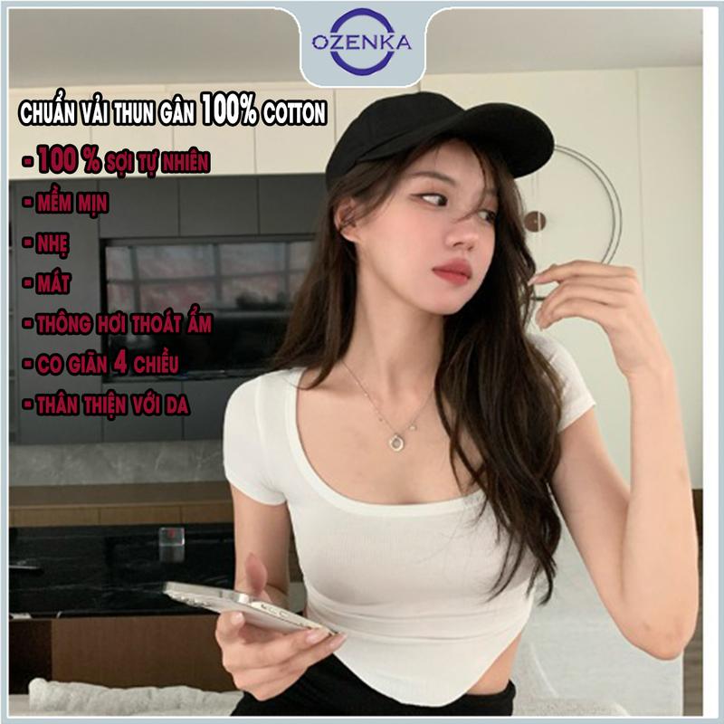 Áo croptop cổ vuông cộc tay vạt bầu nữ OZENKA , áo thun nữ ngắn ôm body gợi cảm màu đen trắng be freesize dưới 50kg Cotton Cổ Tròn Shirt Sơ Mi Jean Women