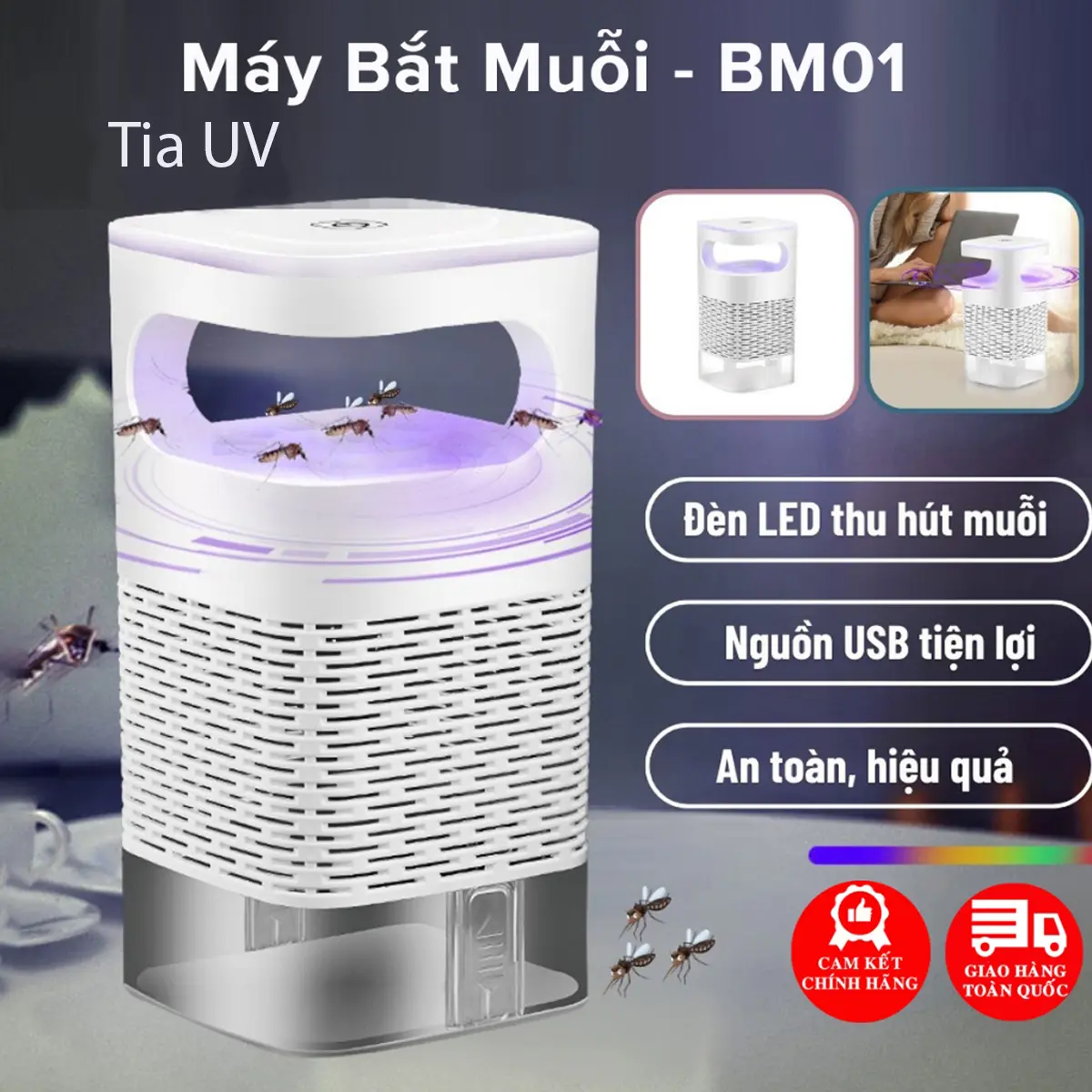 Đèn Bắt Muỗi Tia UV Cao Cấp, Máy Bắt Muỗi Diệt Côn Trùng Thông Minh Có Quạt Hút Cổng USB Chính Hãng Mã BM01
