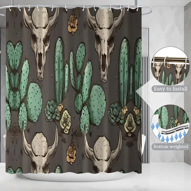 Cactus Skull Pattern Bathroom Set, 1 Shower Curtain with 12 Hooks, 1 Bath Mat, 1 U-shaped Rug, 1 Toilet Lid Cover, Bathroom Decor Supplies 4