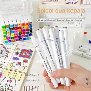 Set Spidol 12/24 Warna Spidol Sketsa Double Tip 2in1 untuk Lukisan Sketsa dan Cat Air Alat Seni Serbaguna dengan Ujung Bullet Tip dan Chisel Tip Tinta Berbasis Air Bebas Bau dan Mudah Dihapus