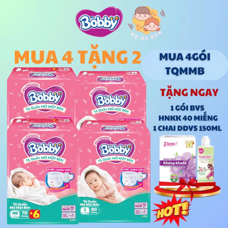 [Combo 4 gói] Tã/bỉm quần Mở Một Bên Bobby Đầu Tiên Trên Thế Giới size S80 miếng /NB70+6 miếng