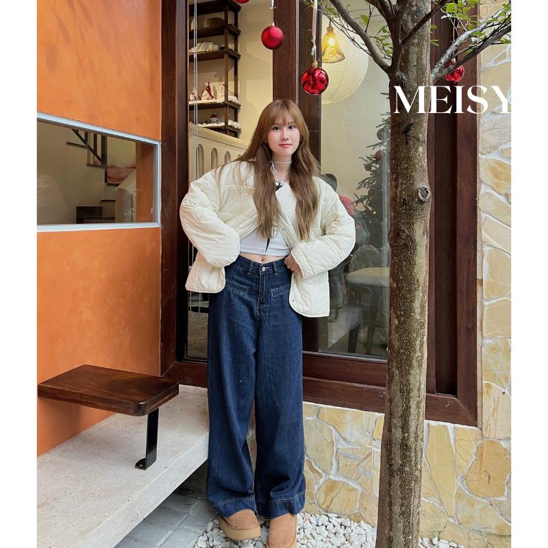 Quần jeans bò ống rộng nữ Meisy túi cơi trước vải denim màu xanh đậm màu be chất không co giãn phòng cách Hàn Quốc