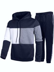 Men's Colorblock Pocket Side Stripe Two-piece Set, Regular Fit Casual Long Sleeve Hooded Top & Drawstring Jogger Pants, Men's Outfits Lounge Set for Daily Wear