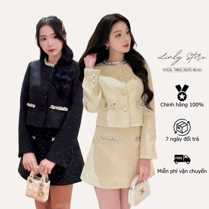 Set dạ tweed nữ tiểu thư, áo khoác kiểu và chân váy chữ A dáng ngắn phối kim tuyến Linly Store