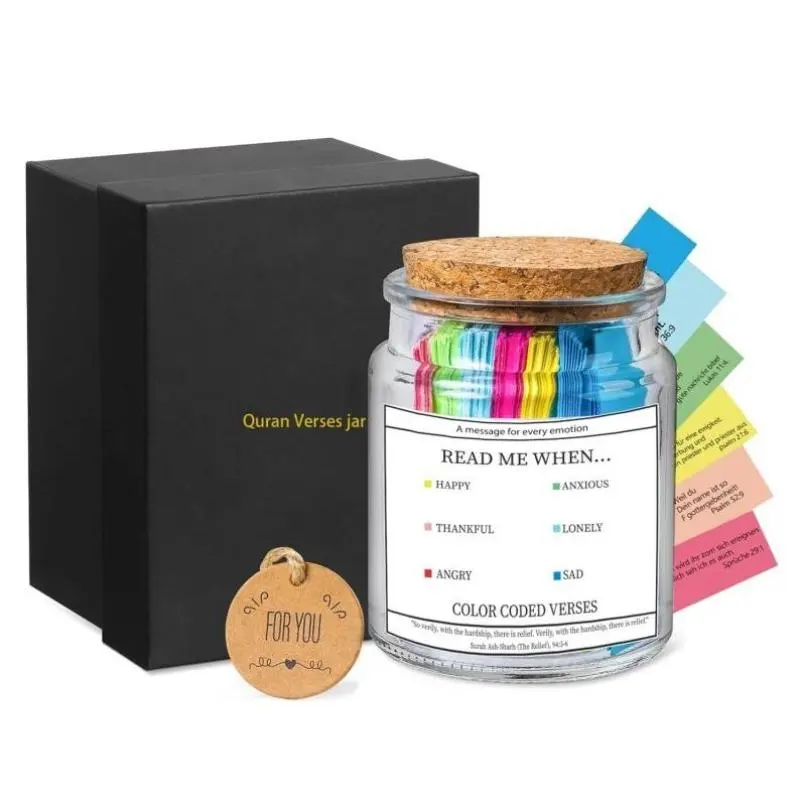 Quran Verse Comfort Jar, 1 Count Islamic Spiritual Support Jar with Cork Lid, Color-coded Quranic Reminders for Happiness, Anxiety & Sadness
