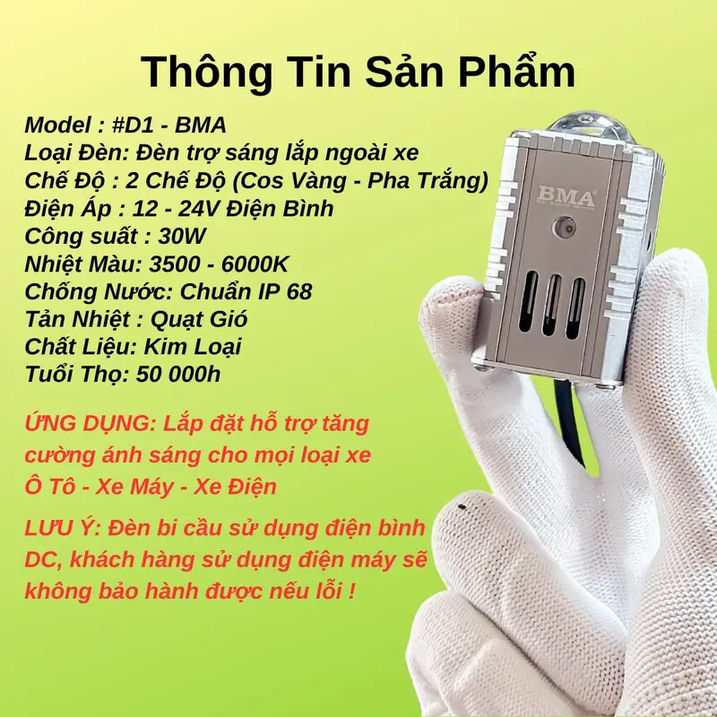 Đèn Trợ Sáng Bi Cầu Mini D1 BMA - 30W Lắp Xe Máy, ÔTô 12 24V Kim Loại, Chống Nước IP68, Cos Vàng Pha Trắng - Phụ Tùng 4
