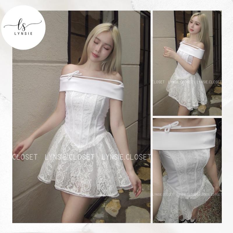 [Lillie Set] Set áo trễ vai dây nơ phối chân váy ren tiểu thư (Ảnh thật by Lynsie)