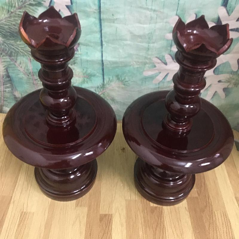 Cặp chân đèn gỗ cao 34cm màu nâu thờ cúng cao cấp 4
