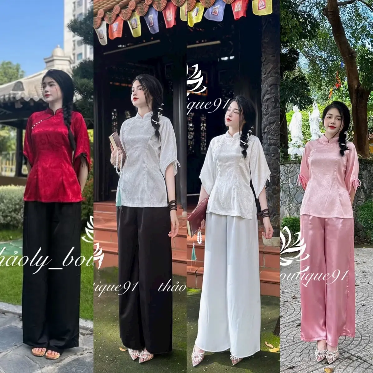 Set BỘ PHÁP PHỤC CỔ TÀU ĐÍNH NÚT NGỌC đồ lam đi chùa
