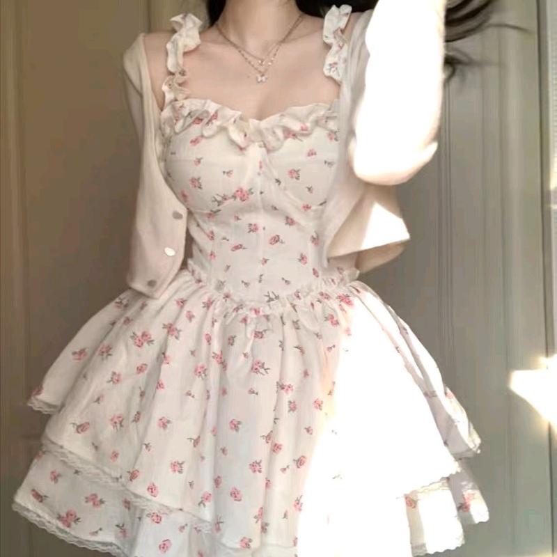 Đầm Voan trắng xòe 2 tầng họa tiết bông hoa,khoác gân tay dài, đầm mocking sau lưng chun Nữ Women Dress ( Kim Tuyến )