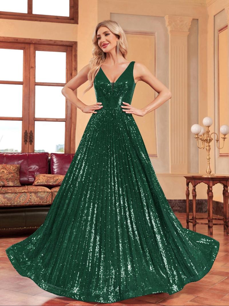 Product Introduction of Women's Contrast Sequin Backless Pleated Evening Dress, Elegant Deep V Neck Sleeveless Maxi Dress for Party Banquet, Ladies' Clothes for Summer 7
