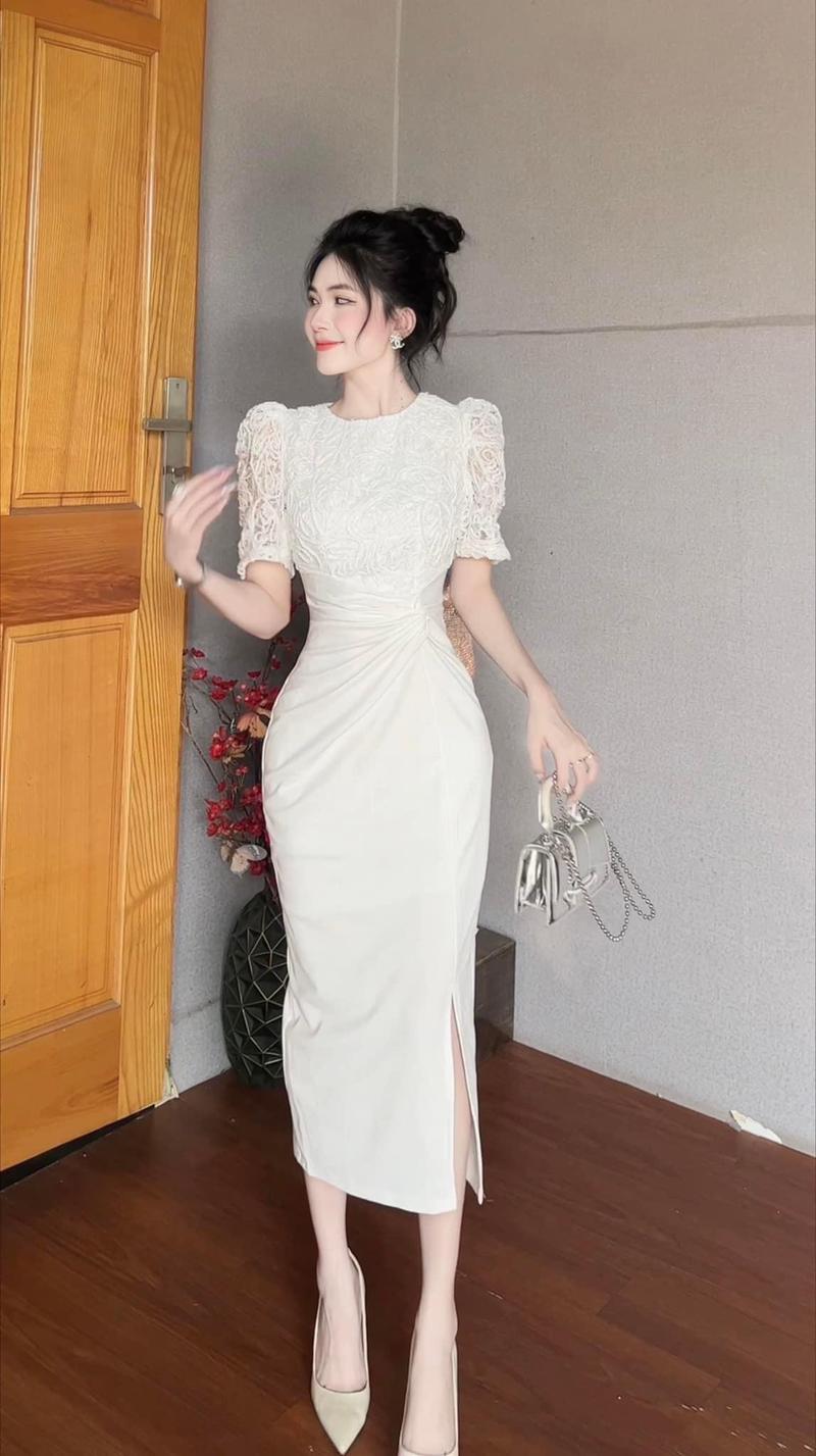 Product Introduction of Đầm body đi tiệc cao cấp A609 chất umi co giãn phối lưới ren thêu dáng ôm dài xoắn eo xẻ tà trái lót lụa freesize KimHoa77 Kem Women 11