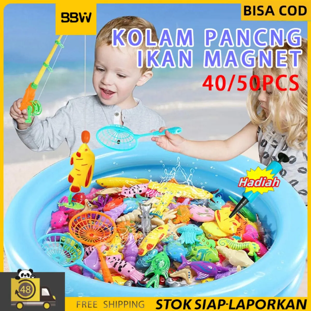 Mainan Pancing Ikan 40/50PCS Kolam Pancingan Magnet Anak Mainan Pancing Ikan Kids Magnetic Fishing Toy Set with Inflatable Pool Playing Water Baby Bath Toys Fishing rod Outdoor Fun Game Water Toy for Child Plastik