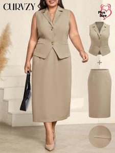 CURVZY Plus Size Two-Piece Set Solid Lapel Neck Pocket Blazer & Split Thigh Skirt, Elegant Fashion Casual Button Front Outerwear & Skirt for Daily Outdoor Wear, Women's Clothing for Spring & Fall