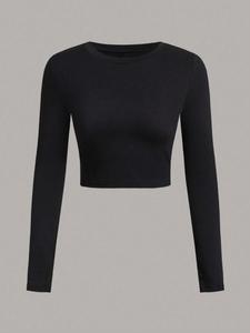 Top casual de color sólido ajustado de manga larga para mujer, camisa elegante y cómoda de longitud corta para todas las estaciones, corte favorecedor para uso diario
