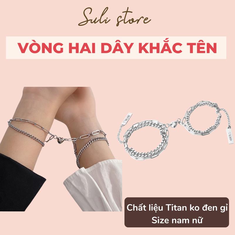 Vòng tay cặp đôi xích 2 dây khắc tên theo yêu cầu Sulli store (nam châm hít) Titan Phụ Kiện đồng điếu trắng có