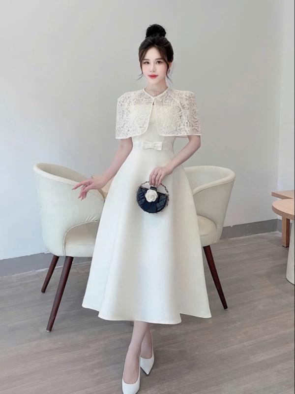 Lyra H113 - Váy Dài Thiết Kế Tafta Dáng Xòe Phối Ren Cape Sang Trọng, Đầm Dự Tiệc Thanh Lịch