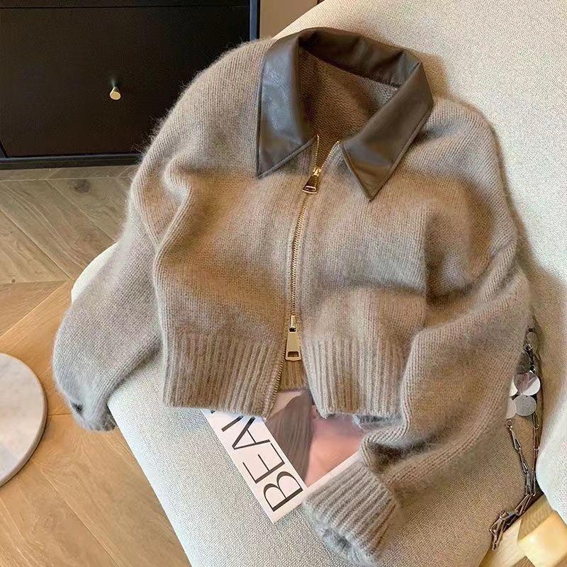 Áo Khoác Cardigan Dệt Kim, Màu Nâu, Cổ Polo, Dành Cho Nữ, Thích Hợp Cho Mùa Thu Và Mùa Đông, Lười Biếng Và Mềm Mại, Bột Mì, Khóa Kéo Đôi, Phong Cách Maillard Cổ Điển 0