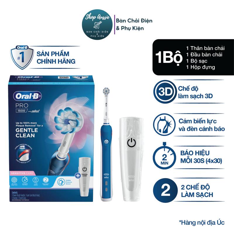 Bàn Chải Điện Oral-B Pro 1500 - Kèm Hộp Du Lịch, Tích Hợp Cảm Biến Lực, 2 Chế Độ Làm Sạch, Làm Sạch 3DAction, Pin 2 Tuần