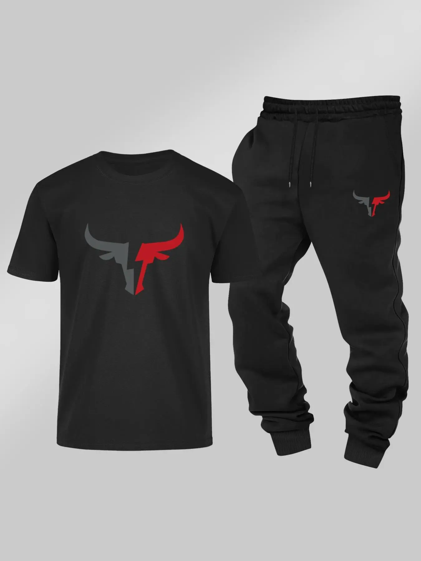 Men's Regular Fit Bull Head Print Top & Sweatpants Two-piece Set, Casual   Top & Jogger Pants for Fall & Winter, Men's Two-piece Outfits for Daily Wear