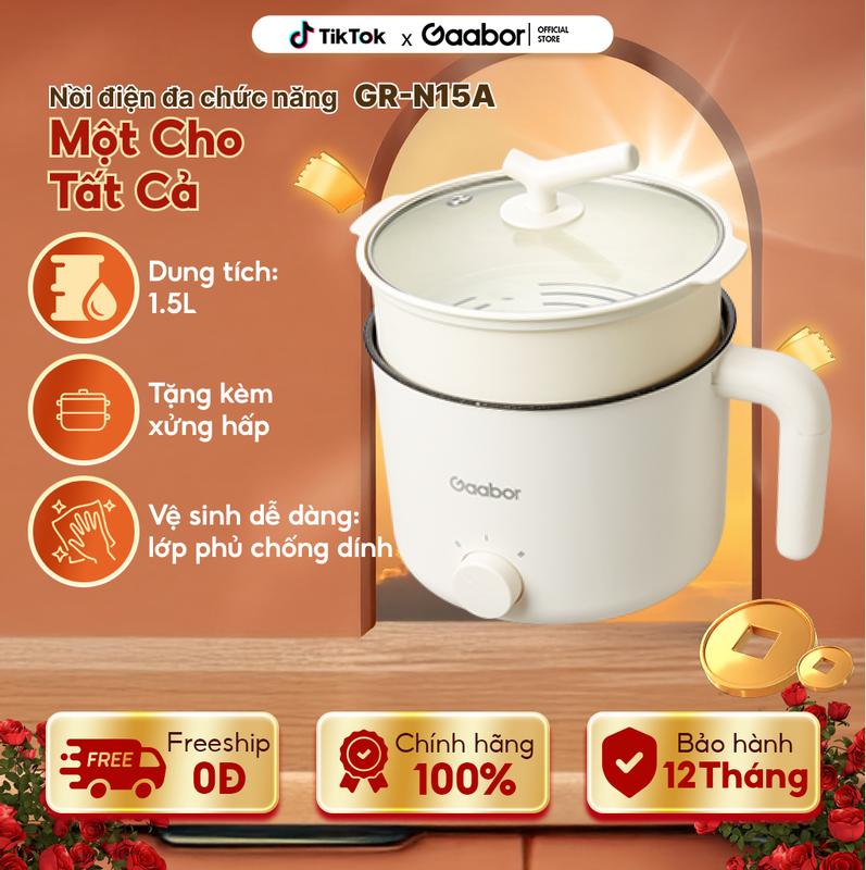 Gaabor | Nồi điện đa năng Gaabor GR- N15A LIVE Dung tích lớn 1.5 lít Lòng nồi 1.3 lít dùng cho 1 -2 người chống dính Teflon công suất 600w, 2 mức nhiệt Thép không gỉ Nồi Lẩu Điện Nồi Lẩu Nấu Ăn nồi  tự sôi nồi  nấu bằng điện